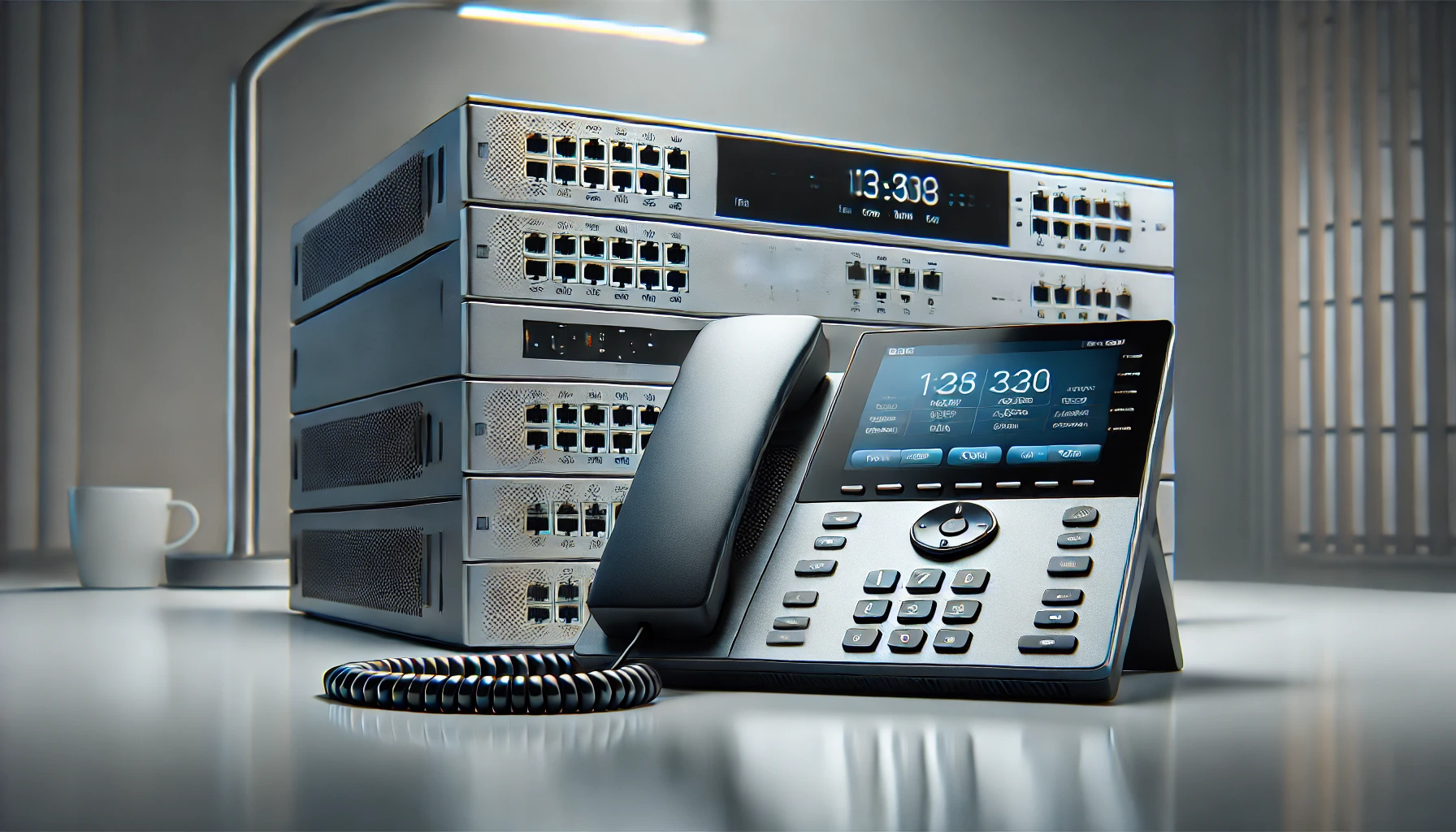 DALL·E 2024-10-08 12.49.35 – A high-quality image showcasing an IP phone and a PBX system together. The IP phone is sleek and modern with a touchscreen interface, while the PBX sy